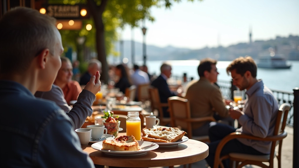 İstanbul'un renkli kahvaltı mekanlarının sokak görüntüsü, açık hava masaları ve sabah güneşi