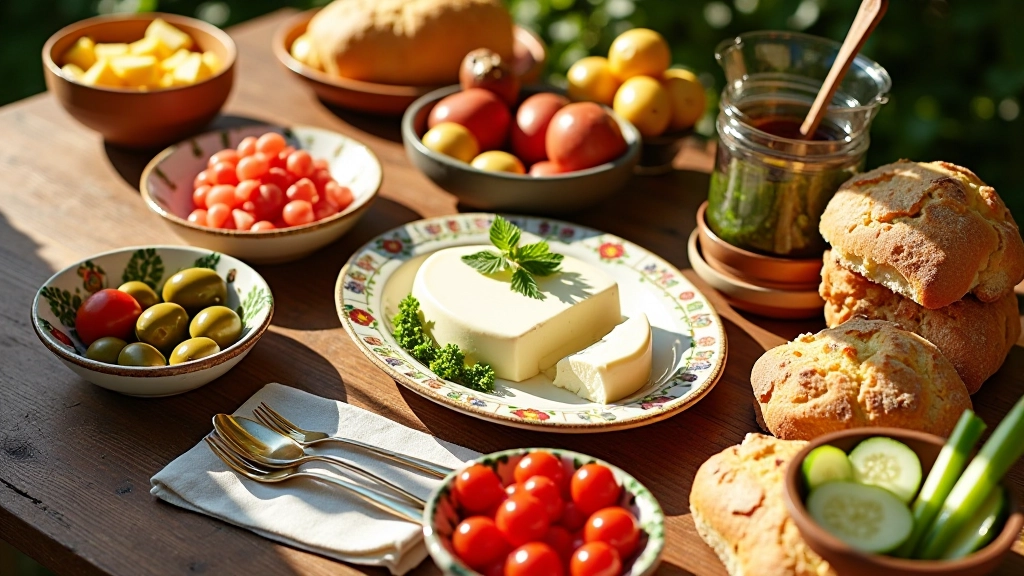 Serpme kahvaltıda tabaktan tabağa yayılan peynir, zeytin ve turşu çeşitleri